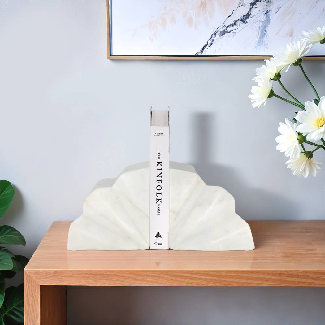 Bookends Set of 2 - White Marble Semi Circle Fluted, 5 in.