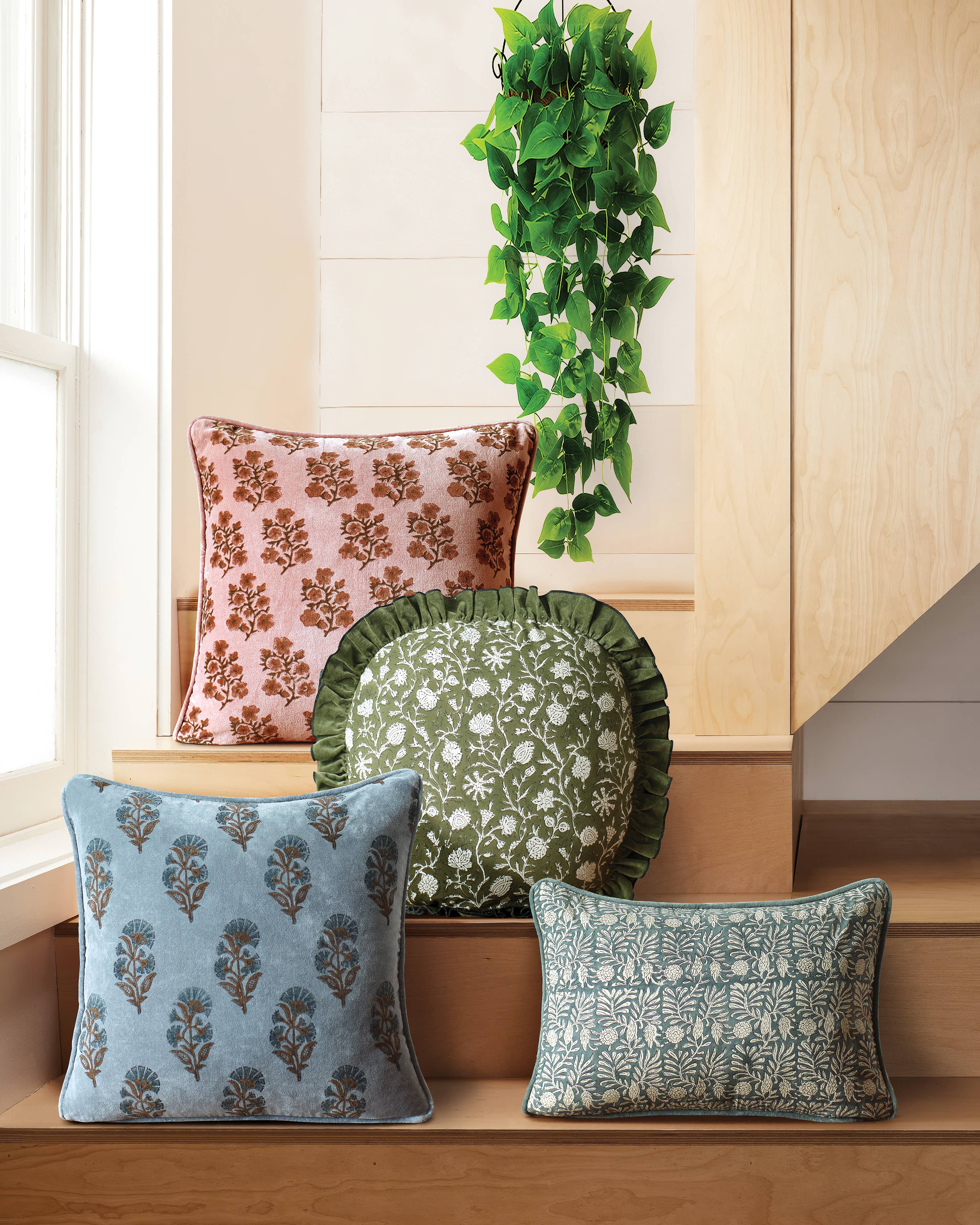 Block Print Round Ruffle Vine Pillow