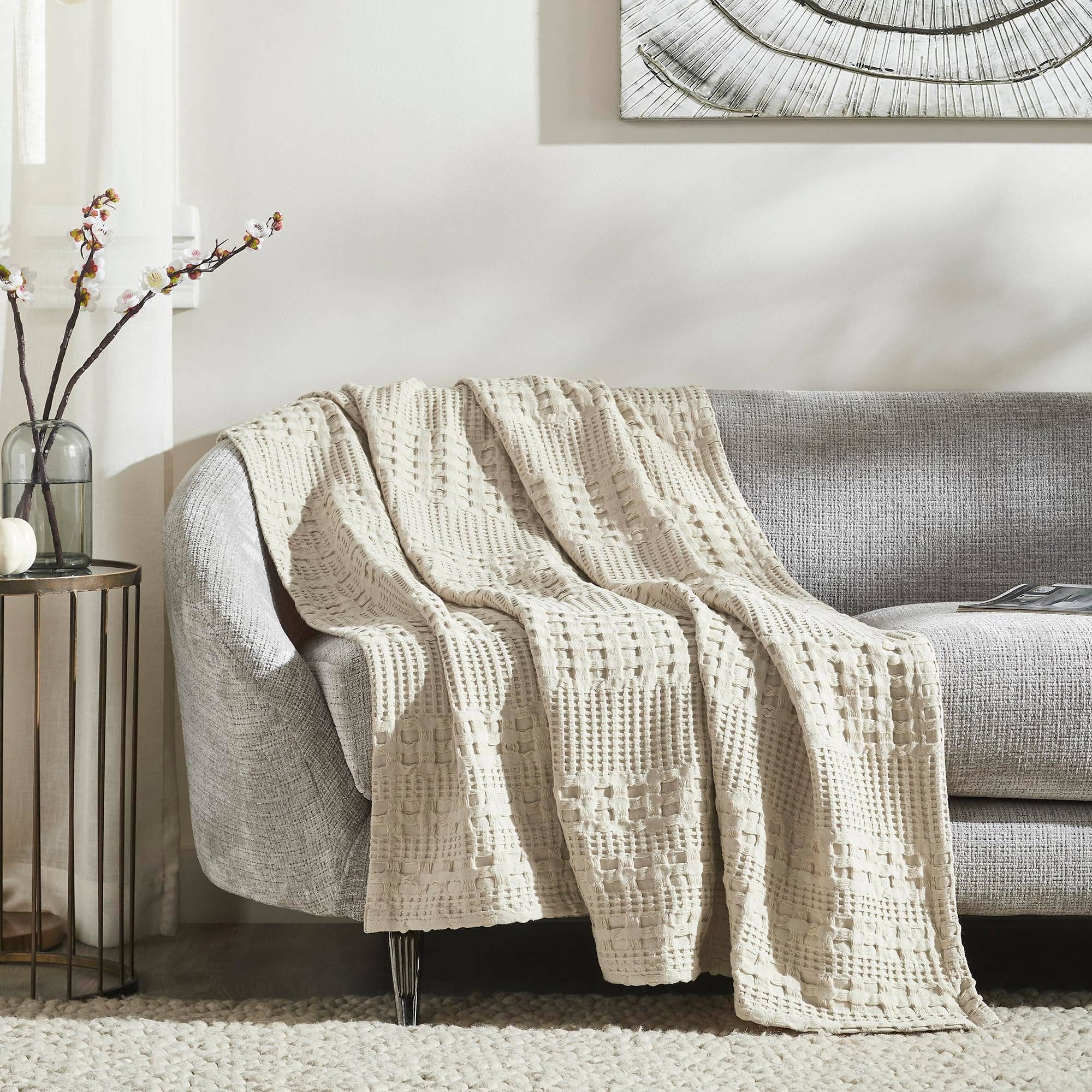 VHC Brands Waffle Weave Natural Throw 50x60 - Cotton Decorative Blanket for Bed, Couch, Sofa | Boho Farmhouse Home Decor