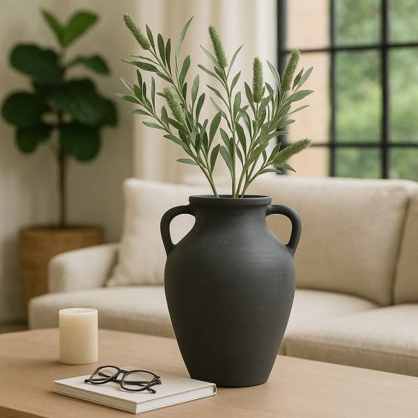 Ceramic Double Handles Decorative Vase - Black, 13 in.