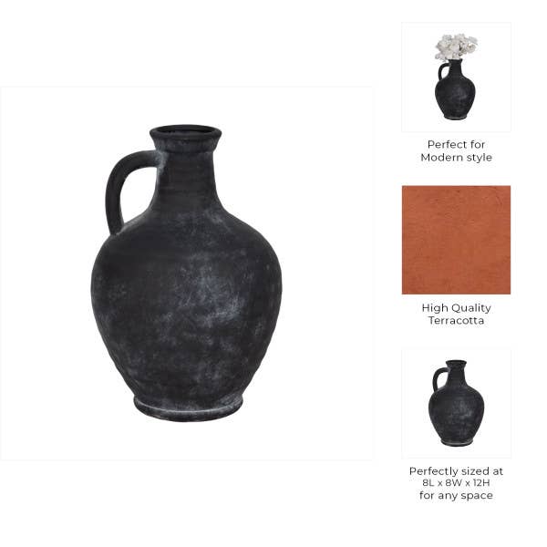 Black 12 in. Abstract Weathered Terracotta Jug with Handle