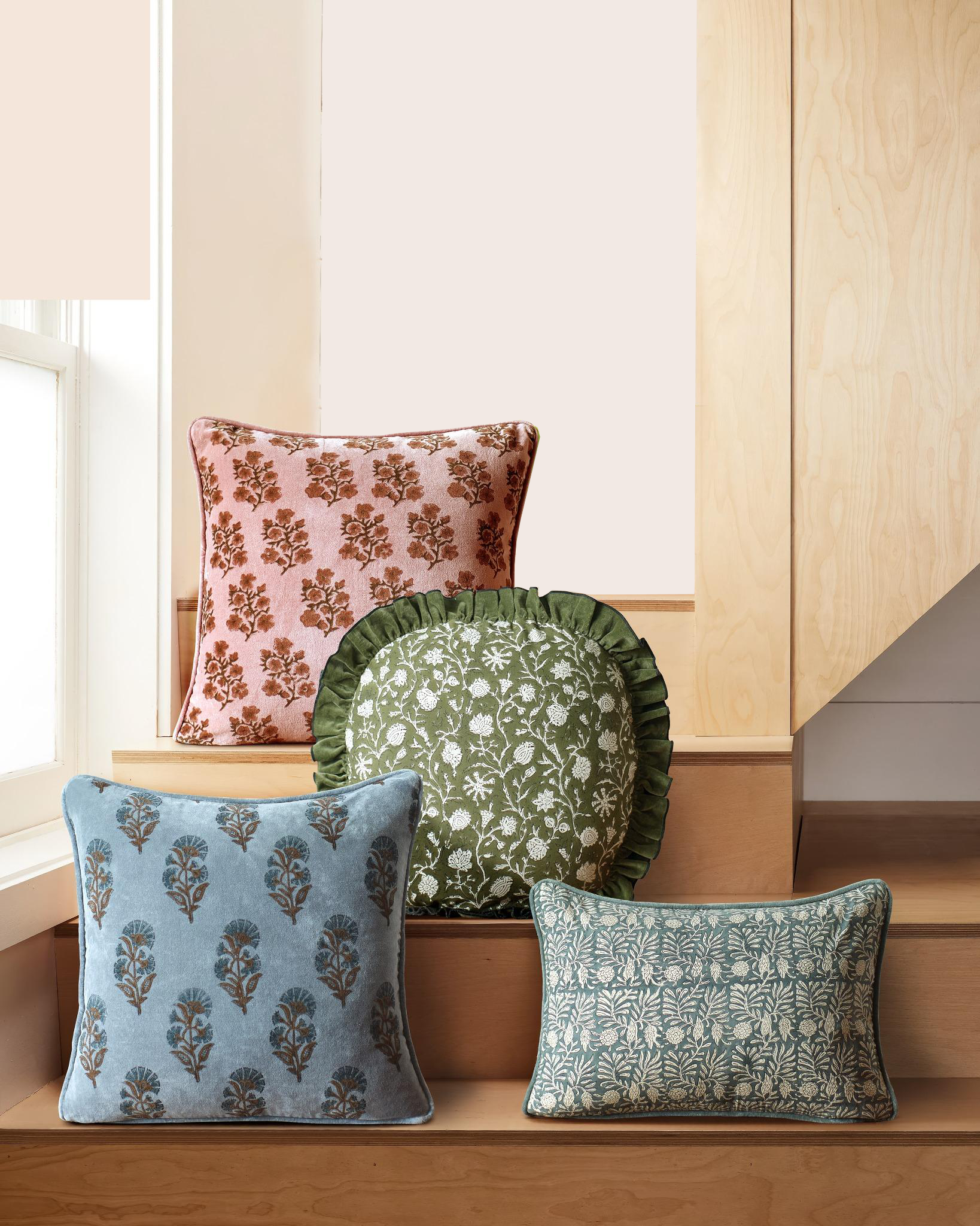 Block Print Round Ruffle Vine Pillow