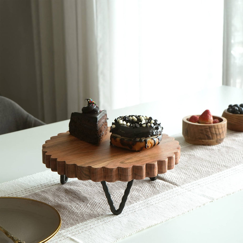 9"Wood Cake Stand with Scalloped Edges