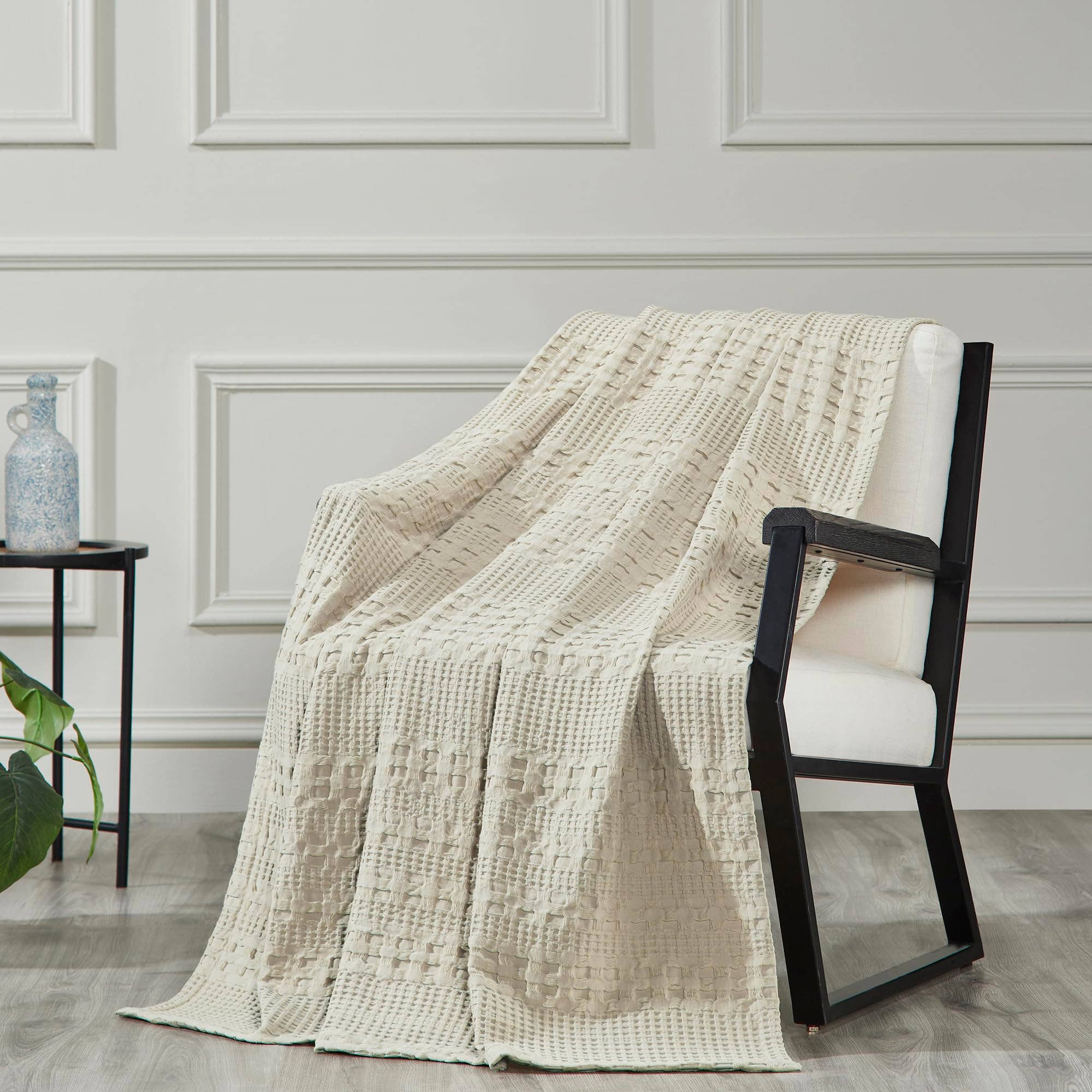 VHC Brands Waffle Weave Natural Throw 50x60 - Cotton Decorative Blanket for Bed, Couch, Sofa | Boho Farmhouse Home Decor