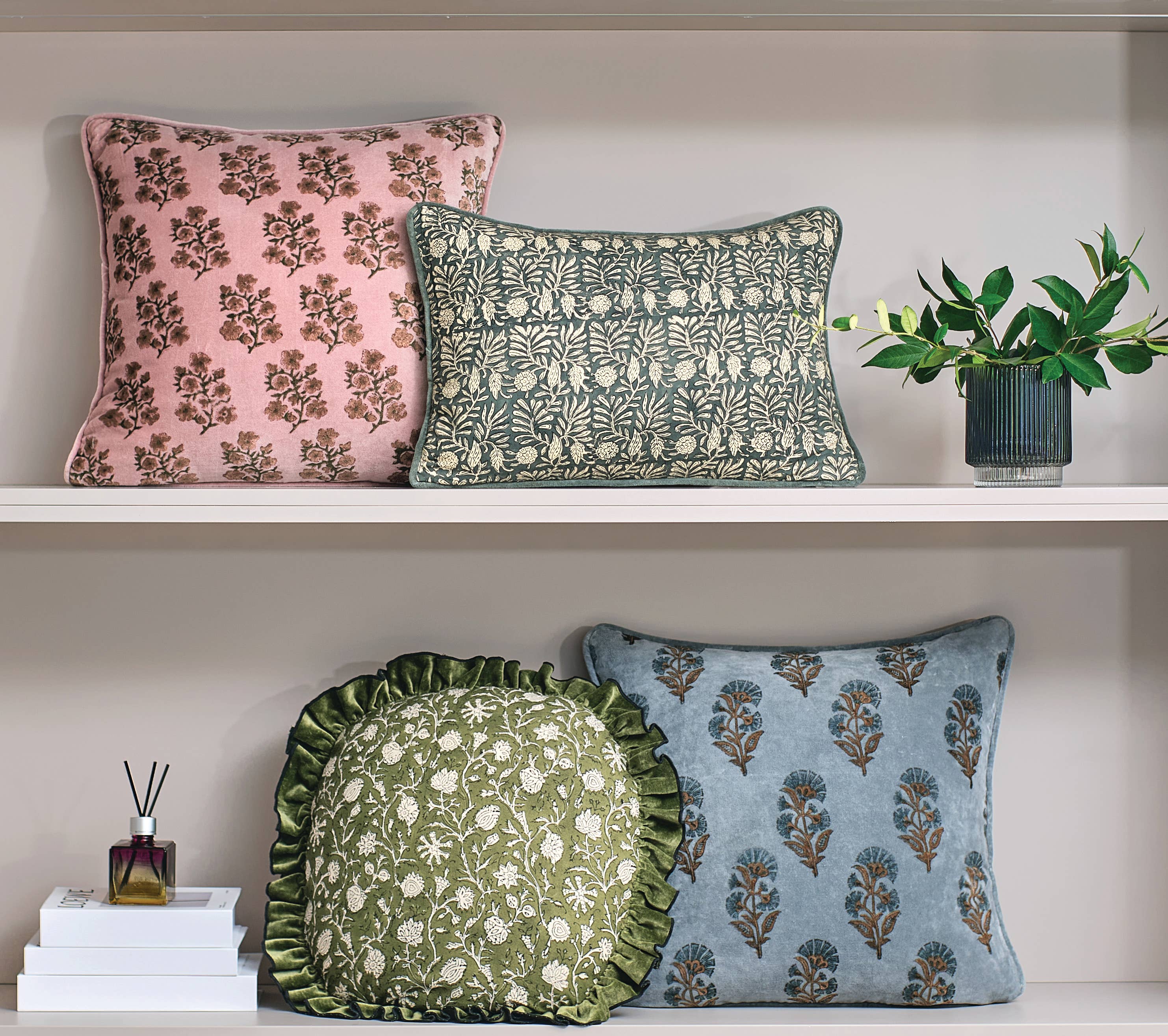 Block Print Round Ruffle Vine Pillow
