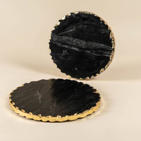 Black Marble Round Trivet w/ Rough Gold Edge Large