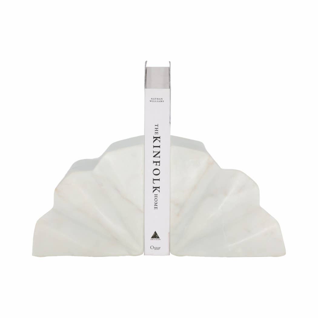 Bookends Set of 2 - White Marble Semi Circle Fluted, 5 in.