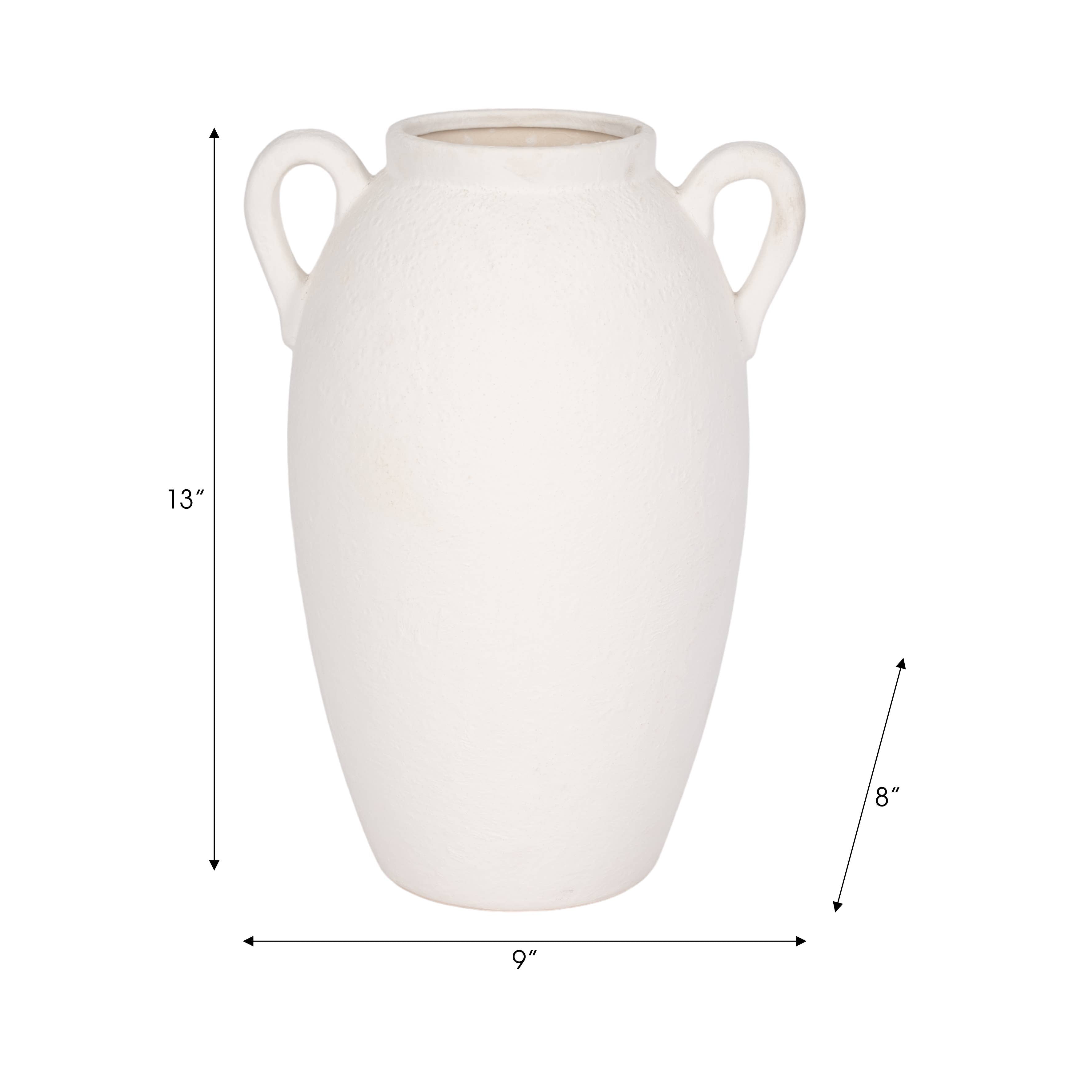 13 in. White Stoneware Textured Jug with Handles Vase