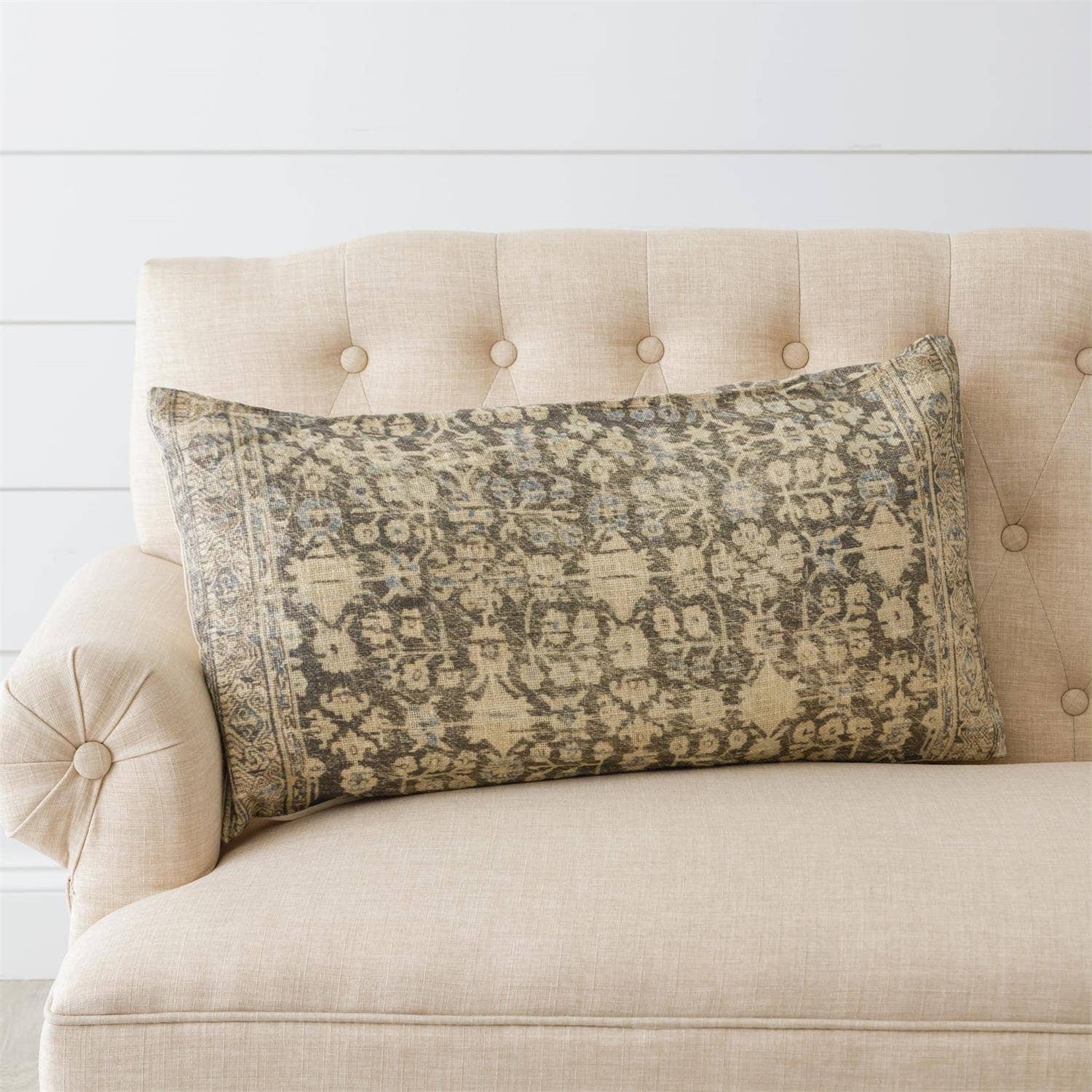 Antique Rug Slub Lumbar Pillow, Faded Gray And Cream