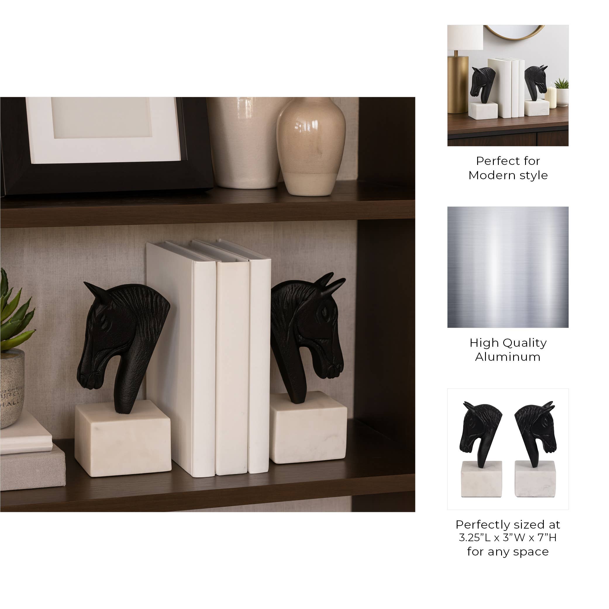 Bookends Set of 2 - White/Black Metal Horse Head, 7 in.